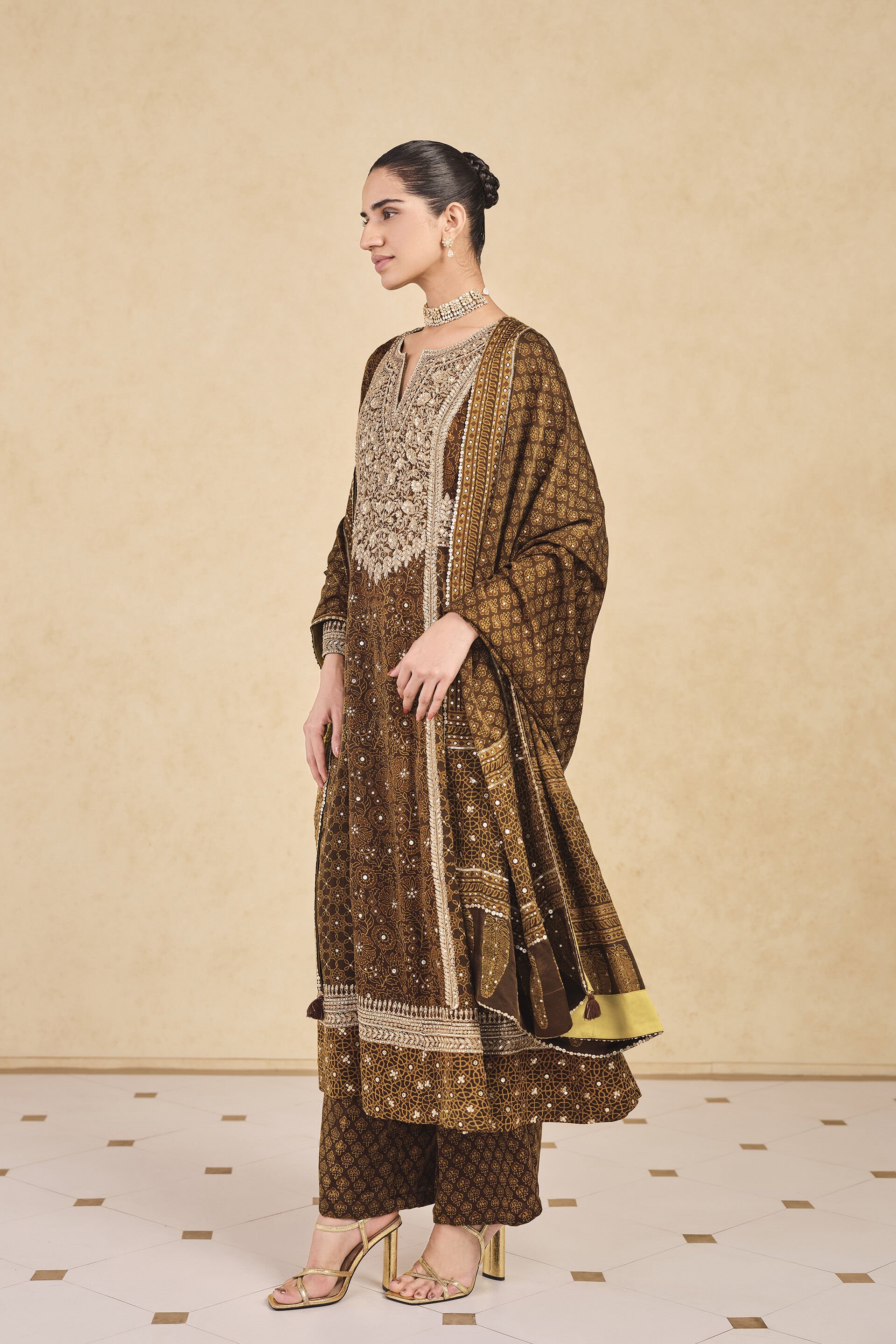 Marfa Ajrakh Hand-block Printed Silk Suit Set - Olive, Olive, image 3